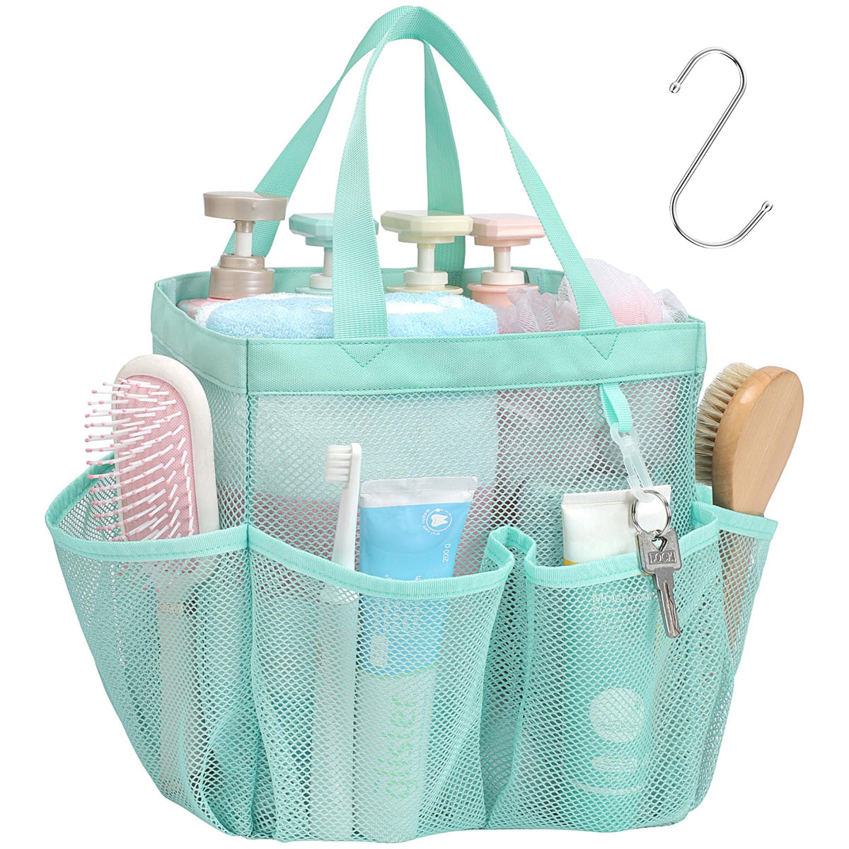 Mesh Shower Caddy Portable - 8 Pockets, S-Hook, Shower Bag for Dorm Camping