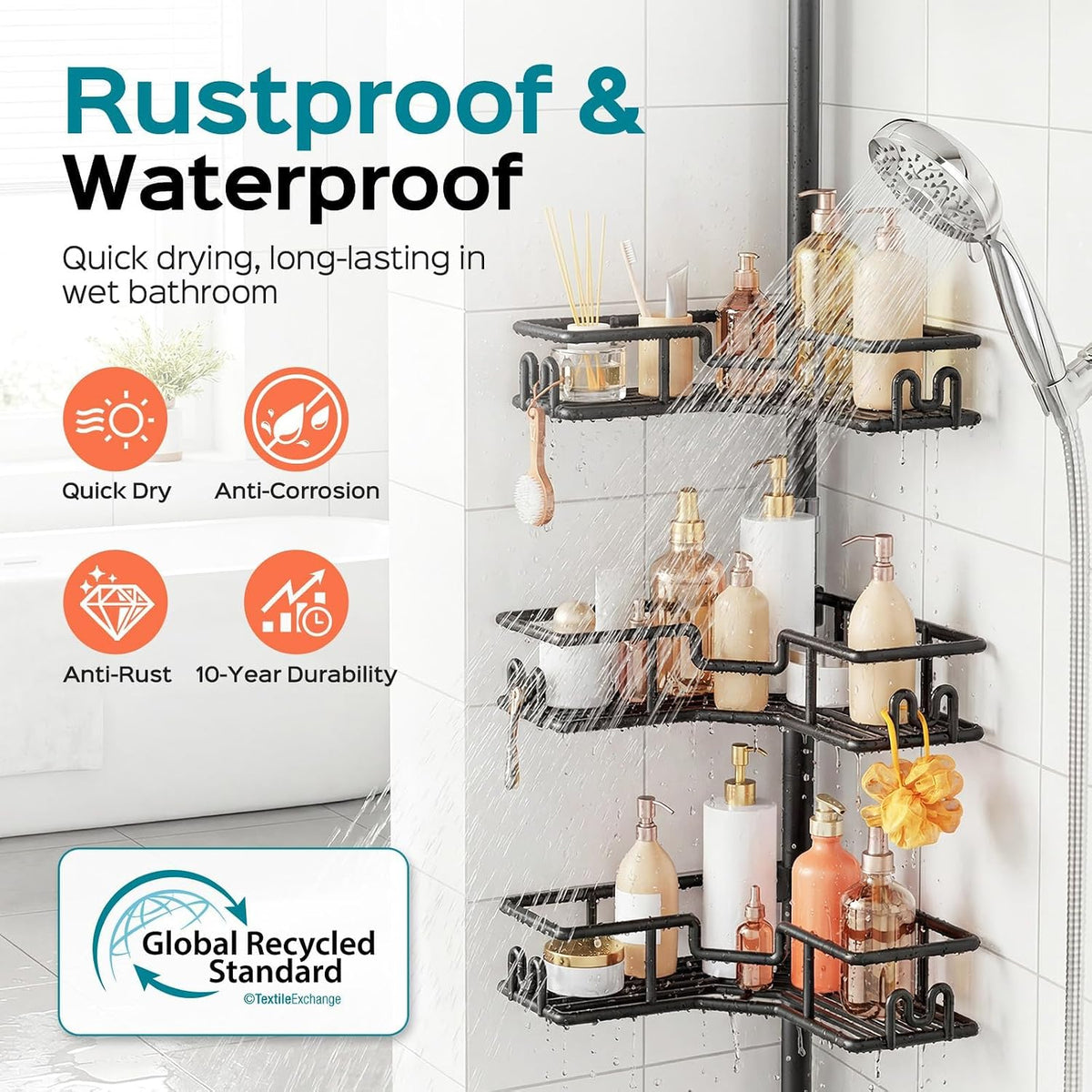 HAMITOR Shower Caddy Tension Pole: 4-Tier Adjustable Corner Organizer Black