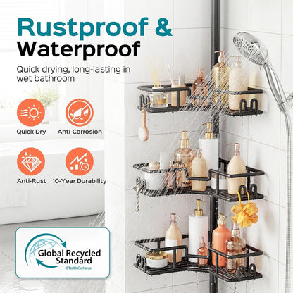 HAMITOR Shower Caddy Tension Pole: 4-Tier Adjustable Corner Organizer Black