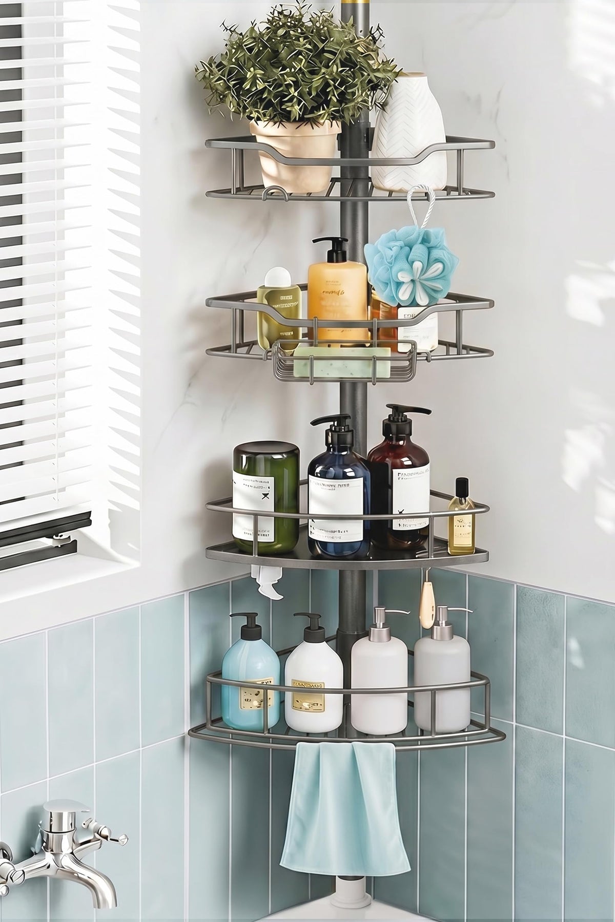 Corner Shower Caddy Tension Pole, 4 Tier Rustproof Shower Tension Rod Organizer, Adjustable 25-125 Inch Bathroom Shower Organizer Shelves for Bathtub Shampoo Storage, Black
