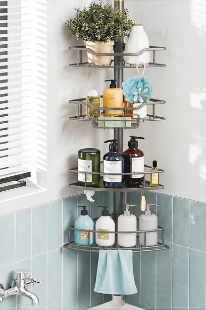 Corner Shower Caddy Tension Pole, 4 Tier Rustproof Shower Tension Rod Organizer, Adjustable 25-125 Inch Bathroom Shower Organizer Shelves for Bathtub Shampoo Storage, Black