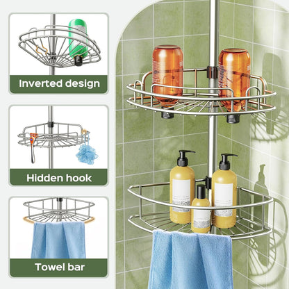 HAMITOR Corner Shower Caddy Tension Pole 4 Tier Rustproof Shampoo Organizer