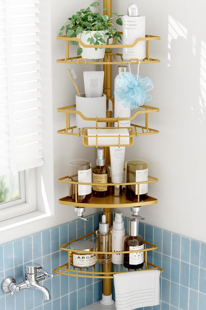 Corner Shower Caddy Tension Pole, 4 Tier Rustproof Shower Tension Rod Organizer, Adjustable 25-125 Inch Bathroom Shower Organizer Shelves for Bathtub Shampoo Storage, Black
