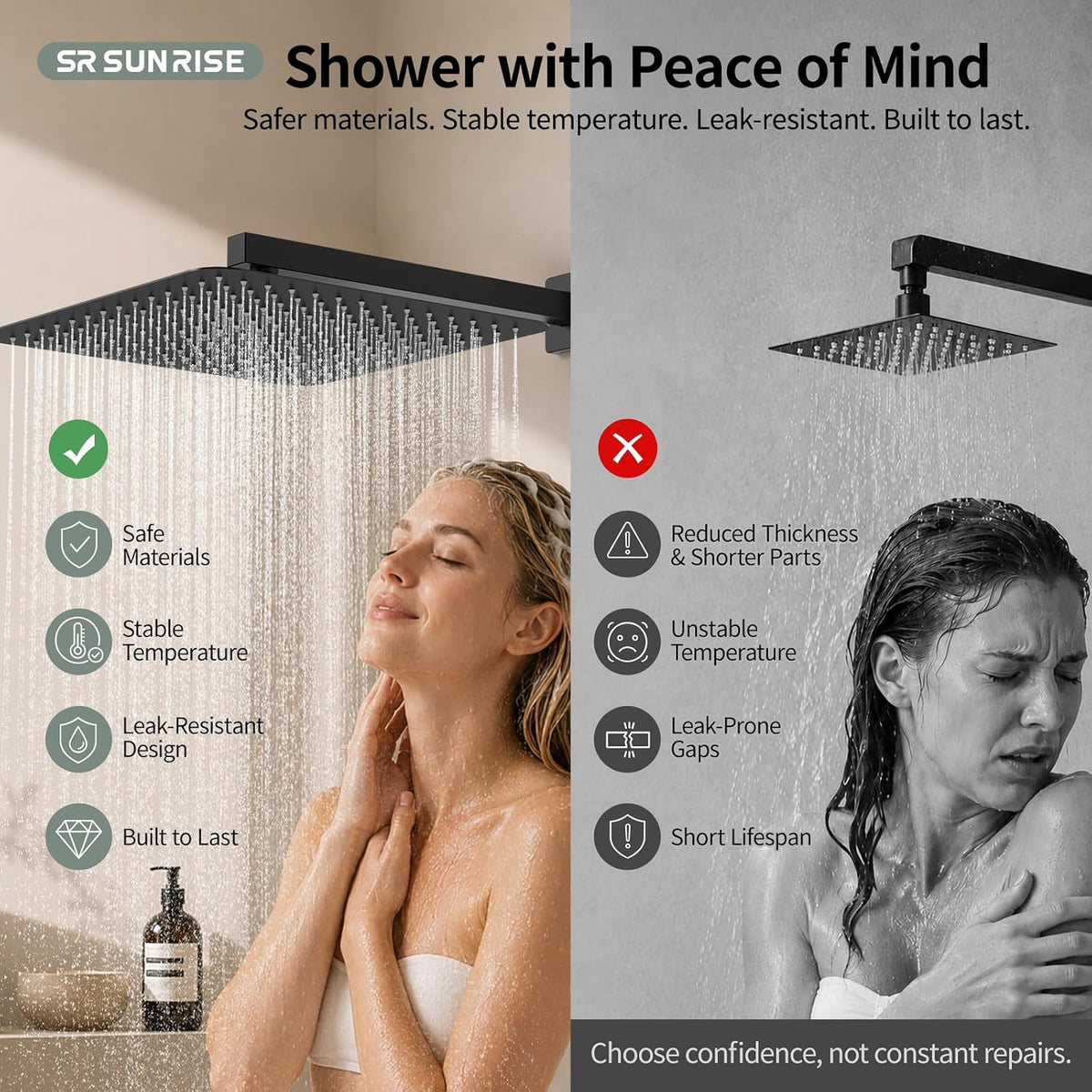 SR SUN RISE Shower Faucet Set 16-Inch Rainfall Shower Head Matte Black