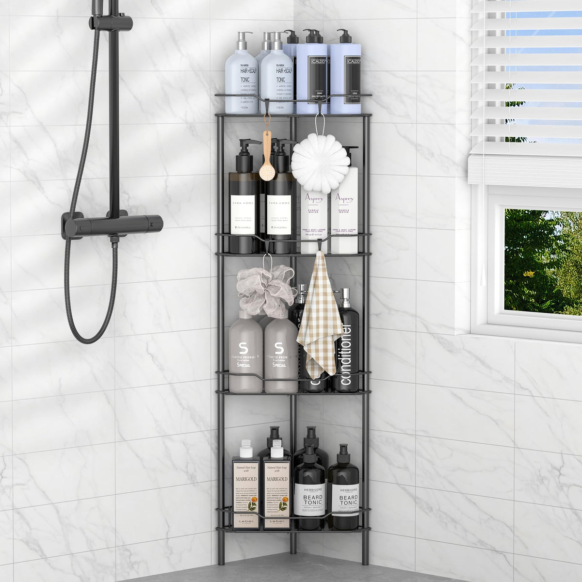 HuggieGems 4 Tier Floor Standing Corner Shower Caddy Organizer Shelf with Hooks, Bathroom Shelves Stand Rack, Black