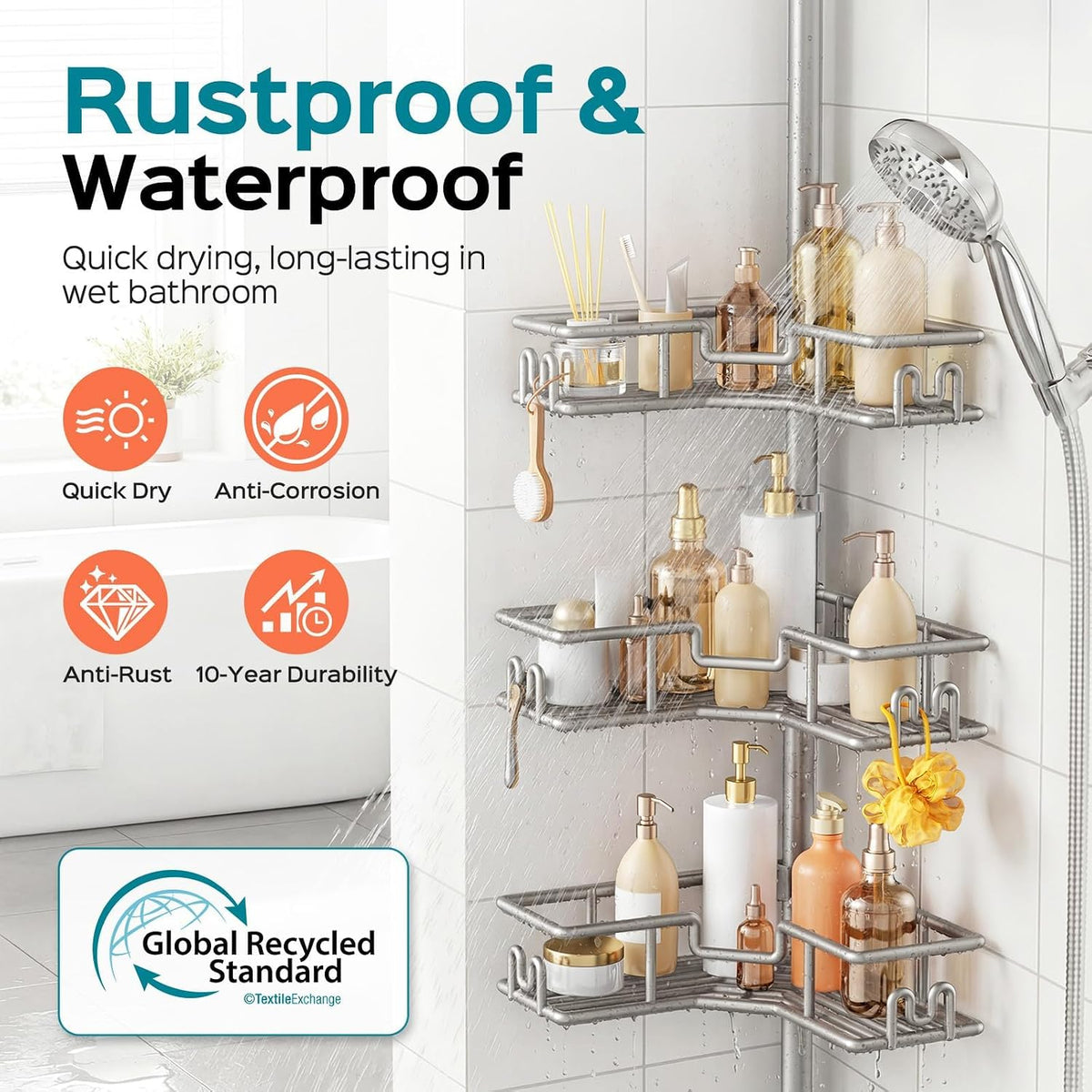 HAMITOR Corner Shower Shelves, 4-Tier Metal Tension Pole Caddy, Silver Gray