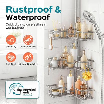 HAMITOR Corner Shower Shelves, 4-Tier Metal Tension Pole Caddy, Silver Gray