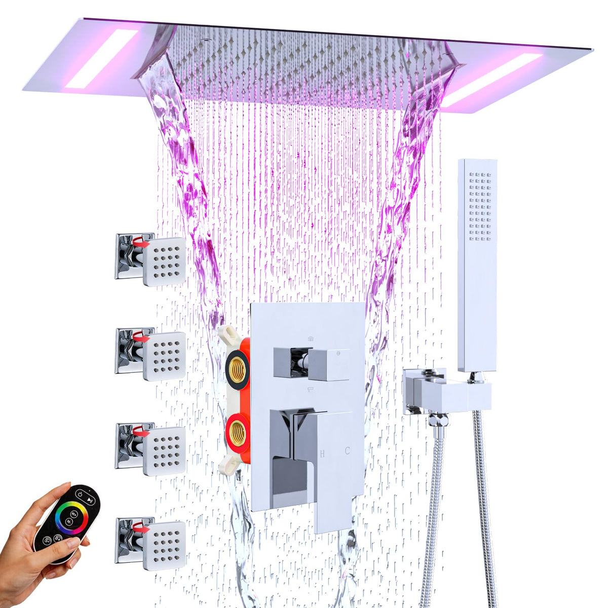 ENGA Dual Rain Shower Head System, 2 In 1 Functions Ceiling Mount 14x20inch LED Shower Head with 6 Inch Shower Head, Rainfall Waterfall Shower Faucet Set, Matte Black