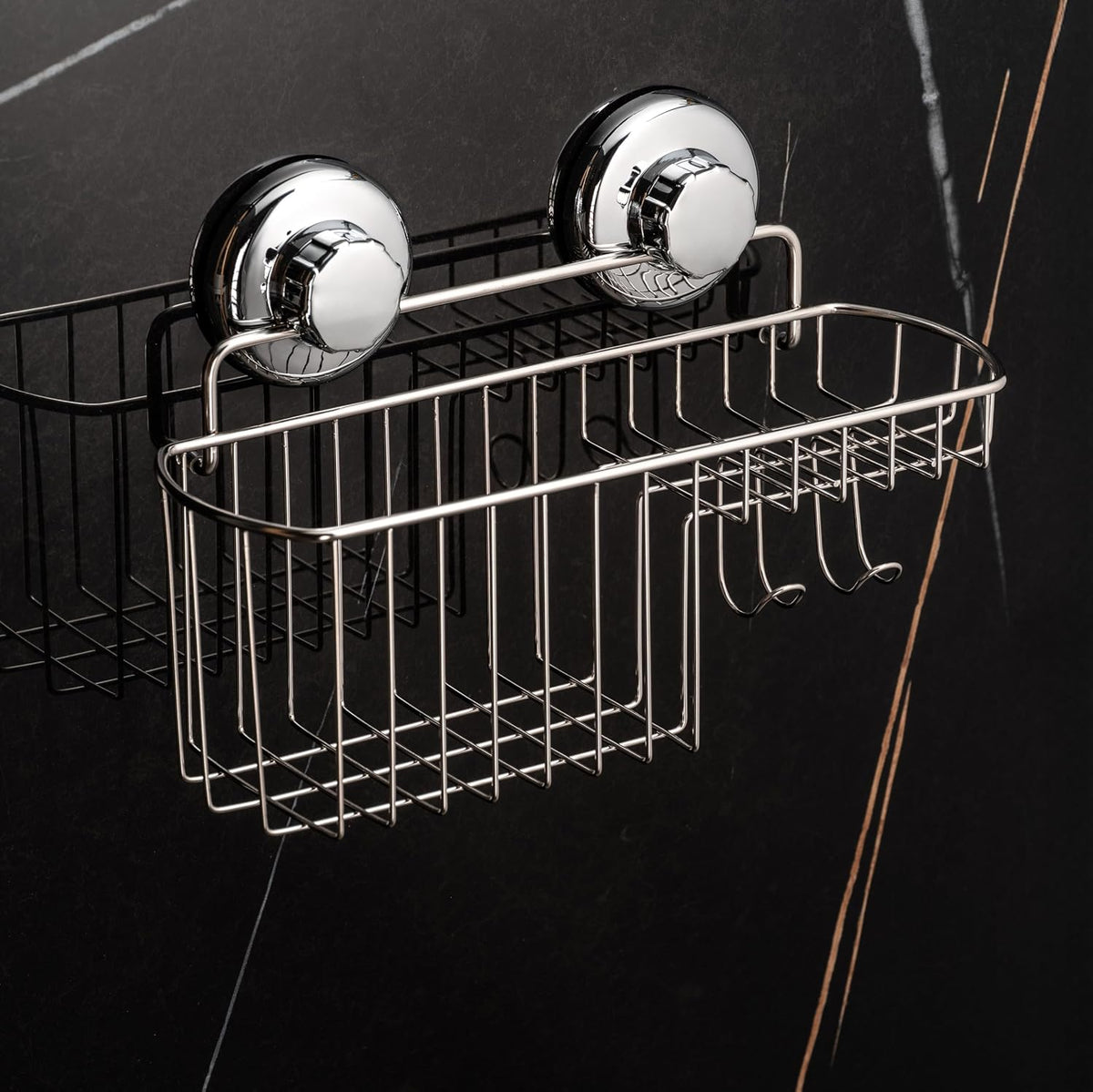 HASKO Suction Cup Shower Caddy Basket for Shampoo, Shower Suction Shelf Organizer, Basket with Soap Holder and Hooks, Stainless Steel Shampoo Holder for Bathroom Storage, Chrome