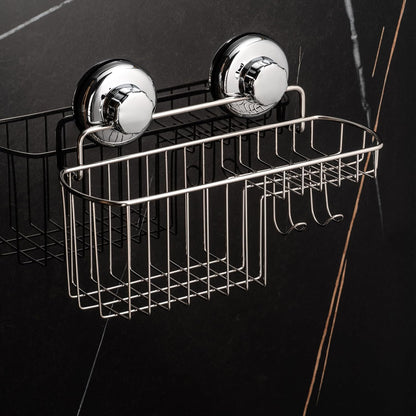 HASKO Suction Cup Shower Caddy Basket for Shampoo, Shower Suction Shelf Organizer, Basket with Soap Holder and Hooks, Stainless Steel Shampoo Holder for Bathroom Storage, Chrome