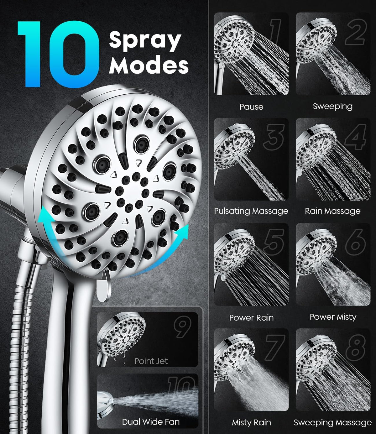 Handheld Shower Head High Pressure – Magnetic Holder,10 Spray Modes with Power Wash for Pets&Tile&Toilet, Filtered for Softer Skin & Shinier Hair, 1.8GPM, Stainless Steel Hose