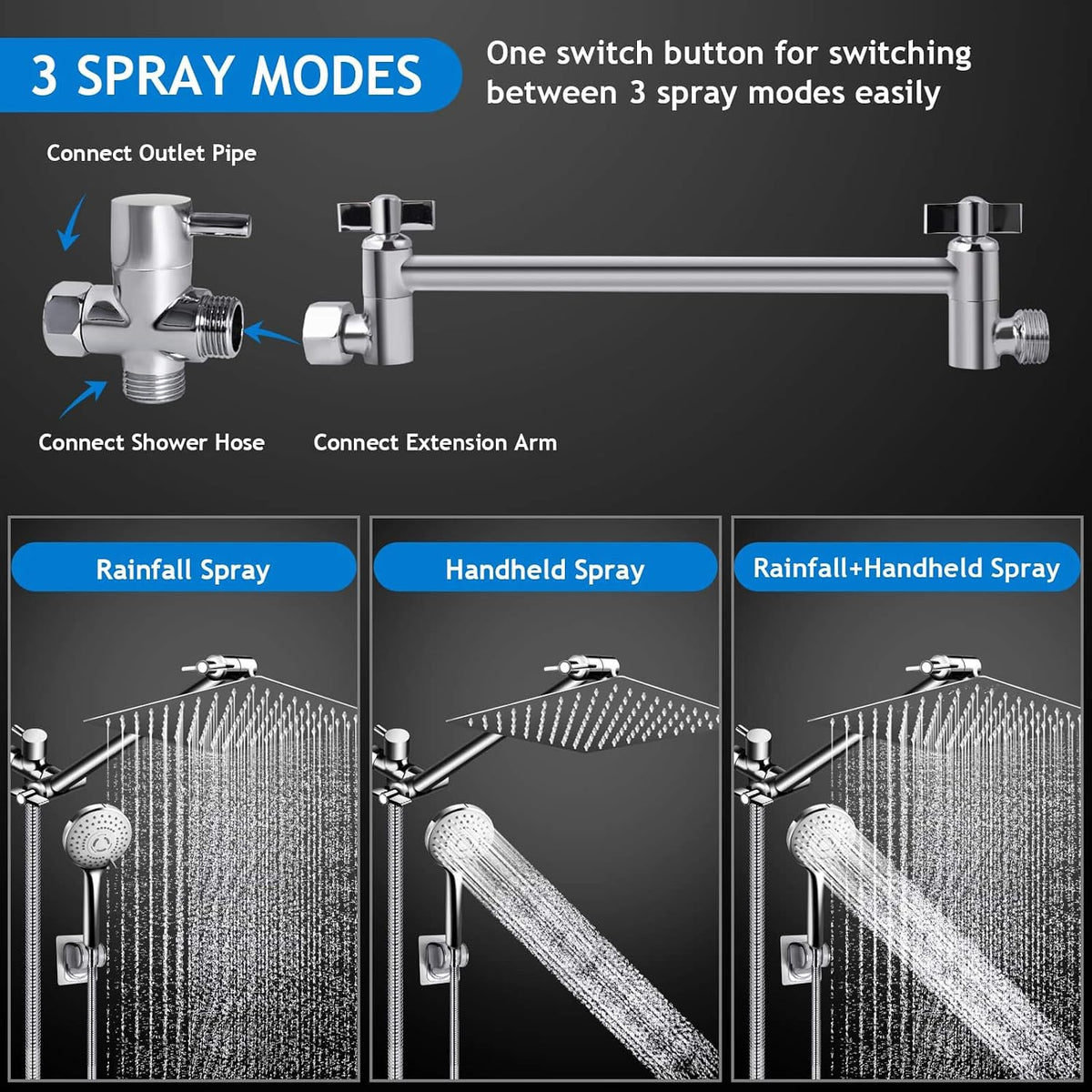 Shower Head Combo,10" High Pressure with 11" Extension Arm 5 Spray Handheld