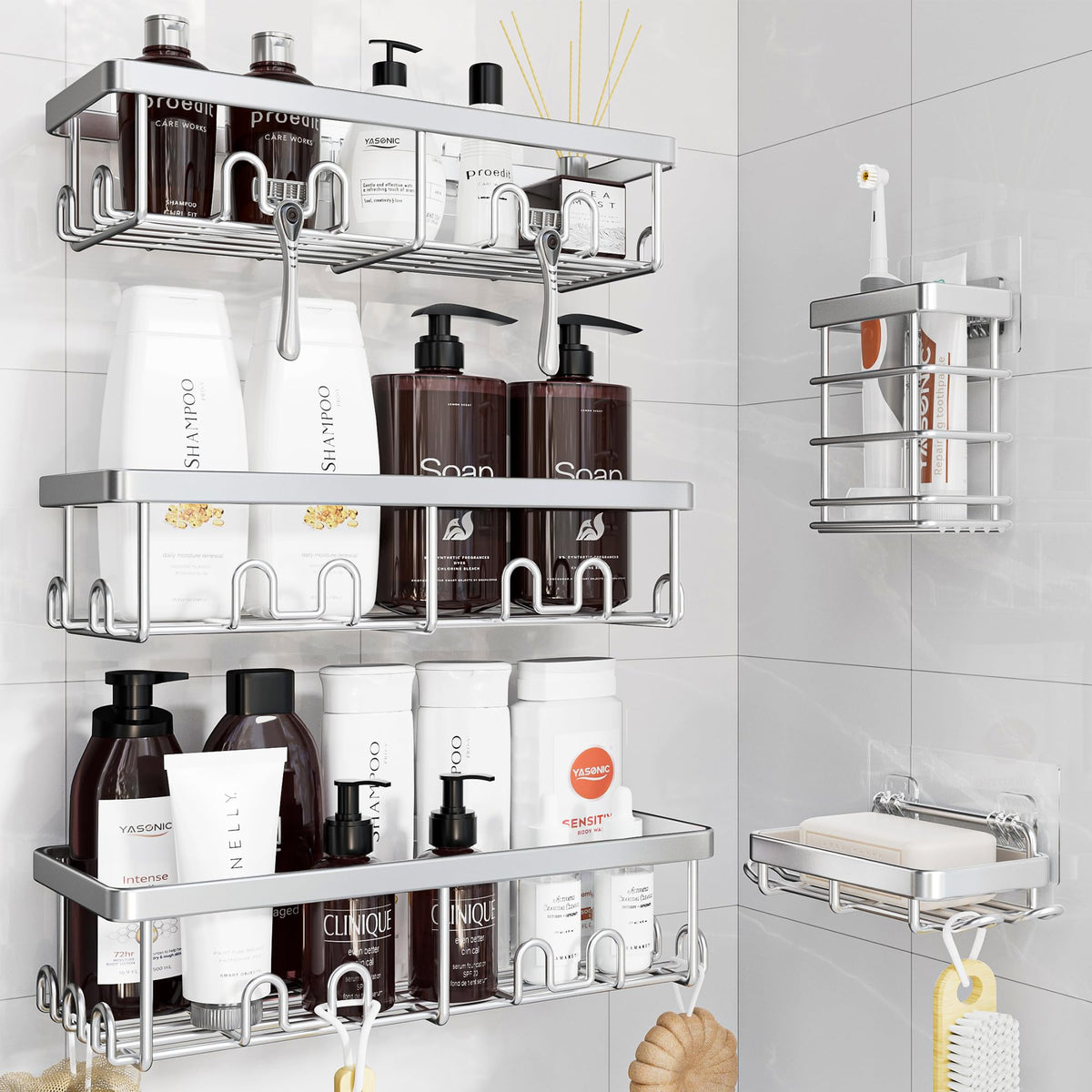 YASONIC Shower Caddy Adhesive, Rustproof Shower Organizer, Wall Shower Rack