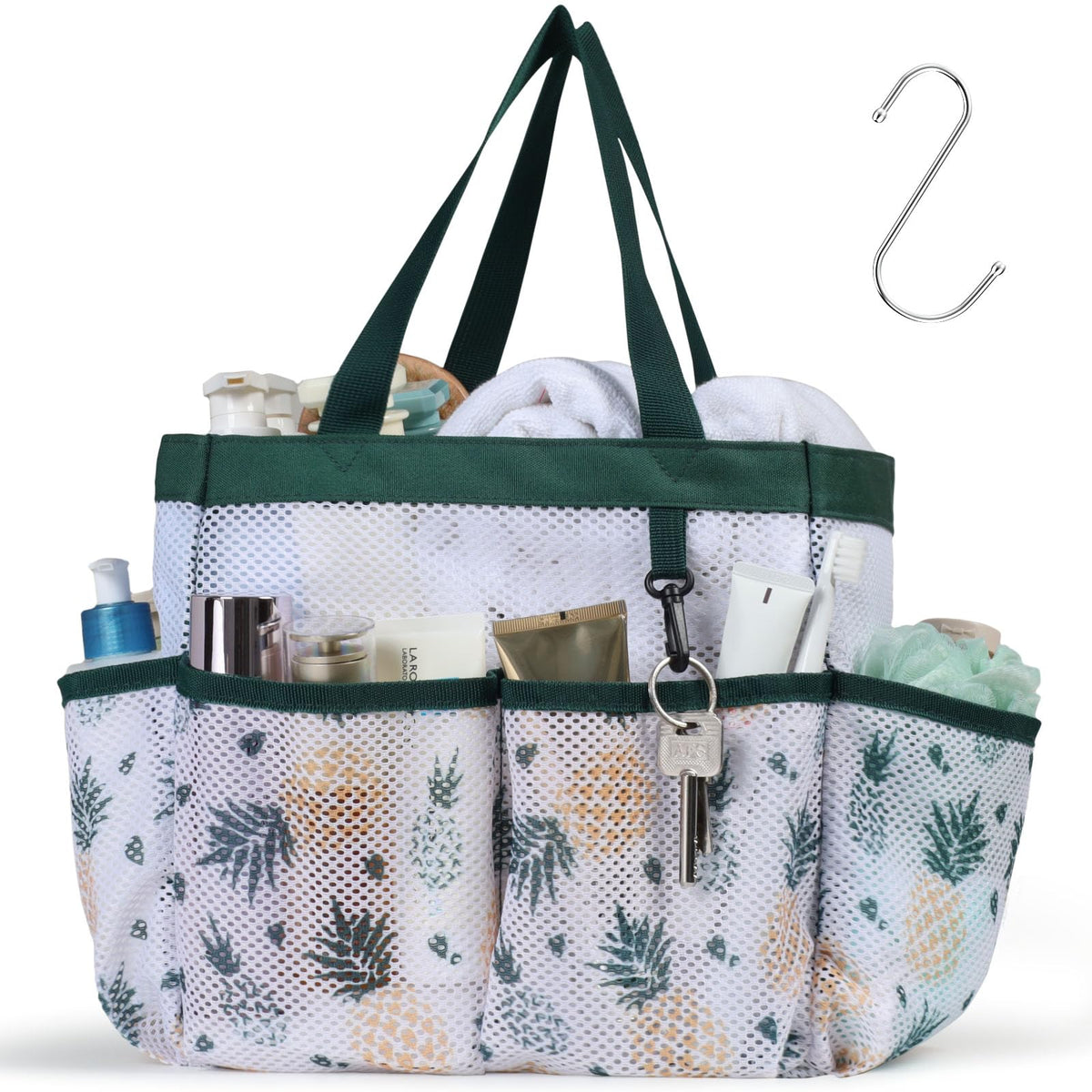 Mesh Shower Caddy Portable - 8 Pockets, S-Hook, Shower Bag for Dorm Camping