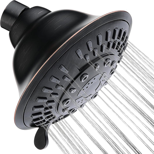 BRIGHT SHOWERS High Pressure Rain Shower Head, Fixed Shower Head with 5 Spray Settings, Adjustable Angle and Anti-Clog Nozzles, Oil Rubbed Bronze