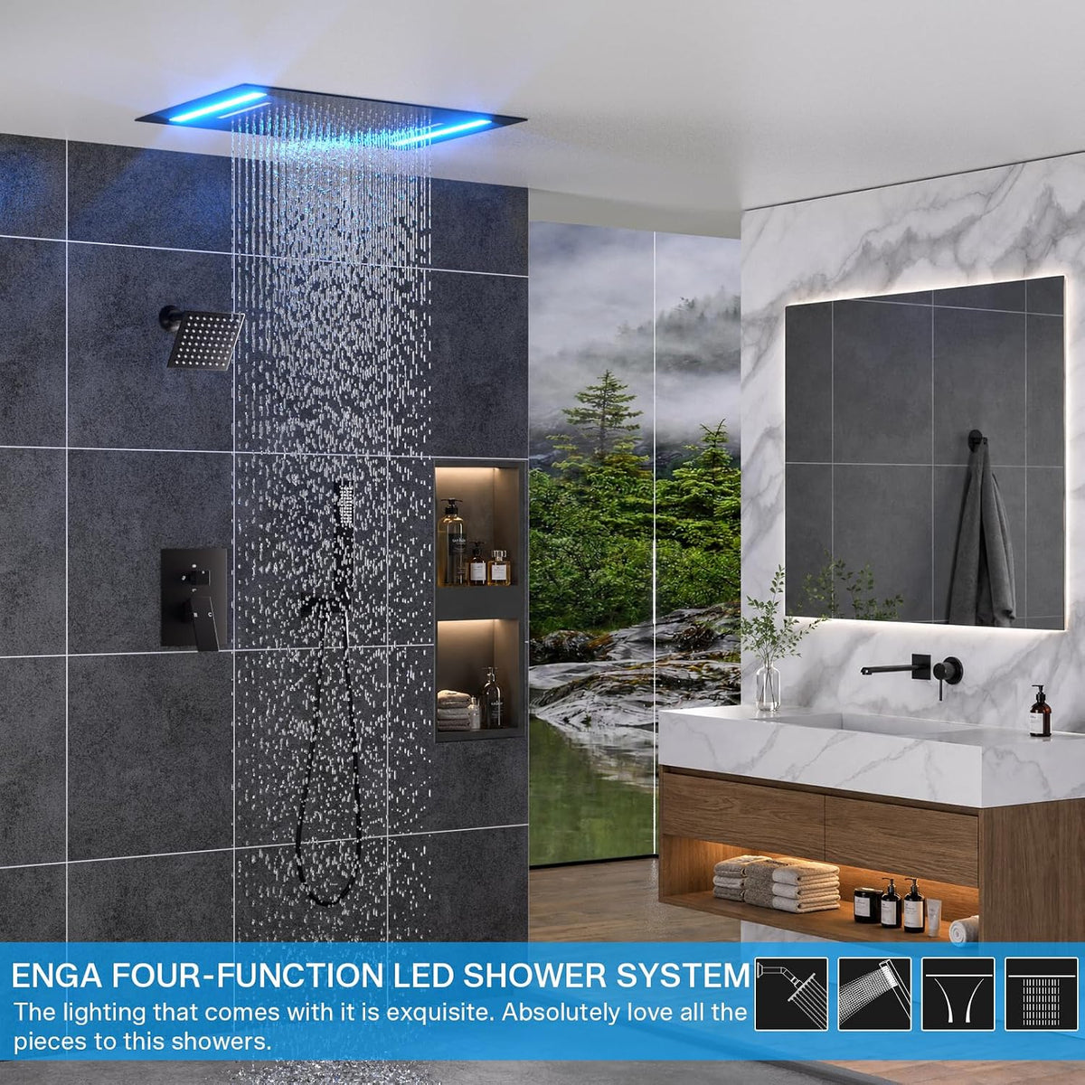 ENGA Dual Rain Shower Head System, 2 In 1 Functions Ceiling Mount 14x20inch LED Shower Head with 6 Inch Shower Head, Rainfall Waterfall Shower Faucet Set, Matte Black