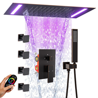 ENGA Dual Rain Shower Head System, 2 In 1 Functions Ceiling Mount 14x20inch LED Shower Head with 6 Inch Shower Head, Rainfall Waterfall Shower Faucet Set, Matte Black