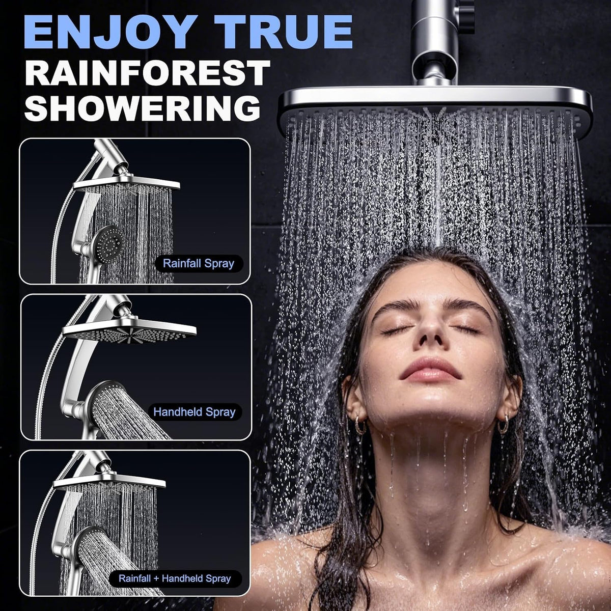 12 Inch High Pressure Rain Shower Head Combo,9 Settings Shower Handheld