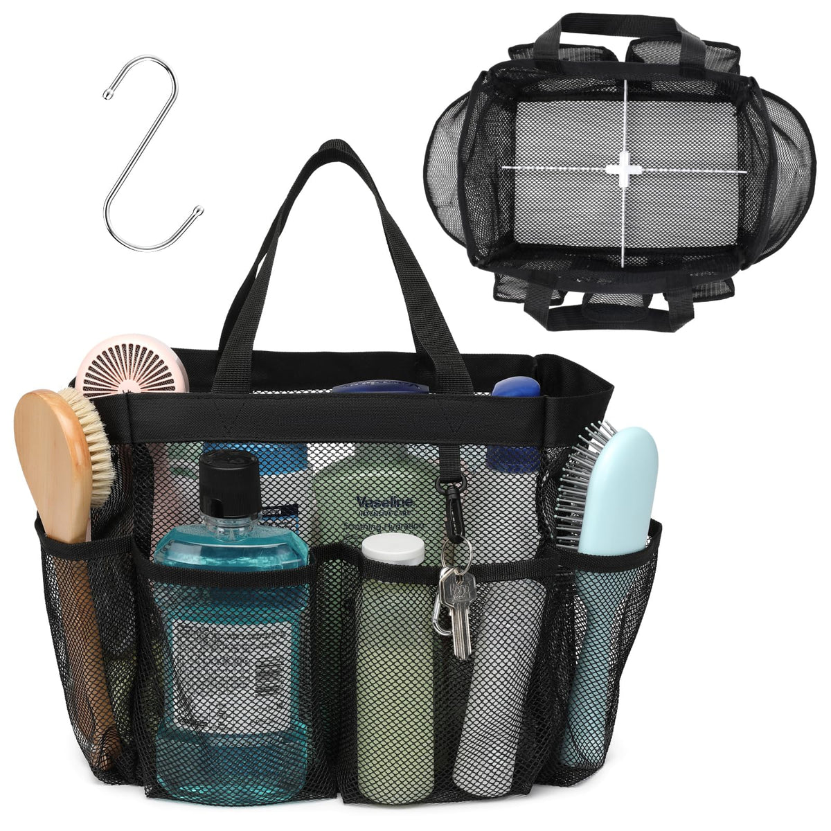 Mesh Shower Caddy Portable - 8 Pockets, S-Hook, Shower Bag for Dorm Camping