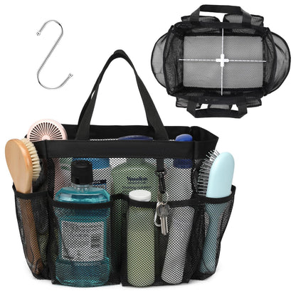 Mesh Shower Caddy Portable - 8 Pockets, S-Hook, Shower Bag for Dorm Camping