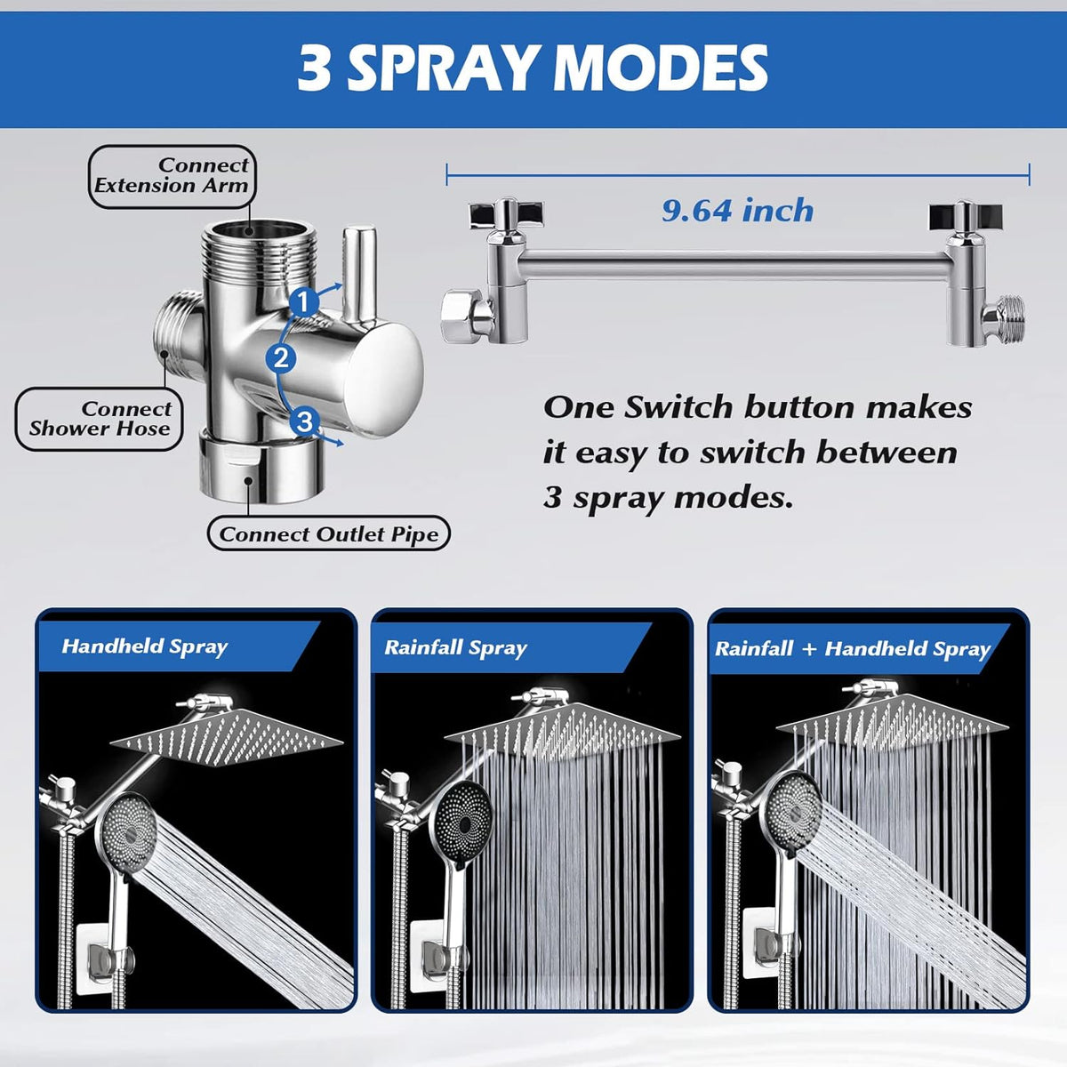 Shower Head, 8" High Pressure Rainfall Shower Head with Handheld Dual Spray