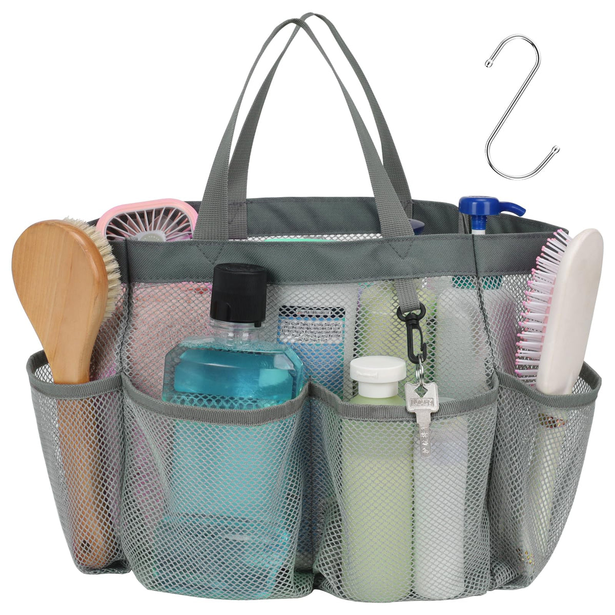 Mesh Shower Caddy Portable - 8 Pockets, S-Hook, Shower Bag for Dorm Camping