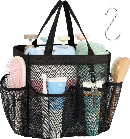 Mesh Shower Caddy Portable - 8 Pockets, S-Hook, Shower Bag for Dorm Camping