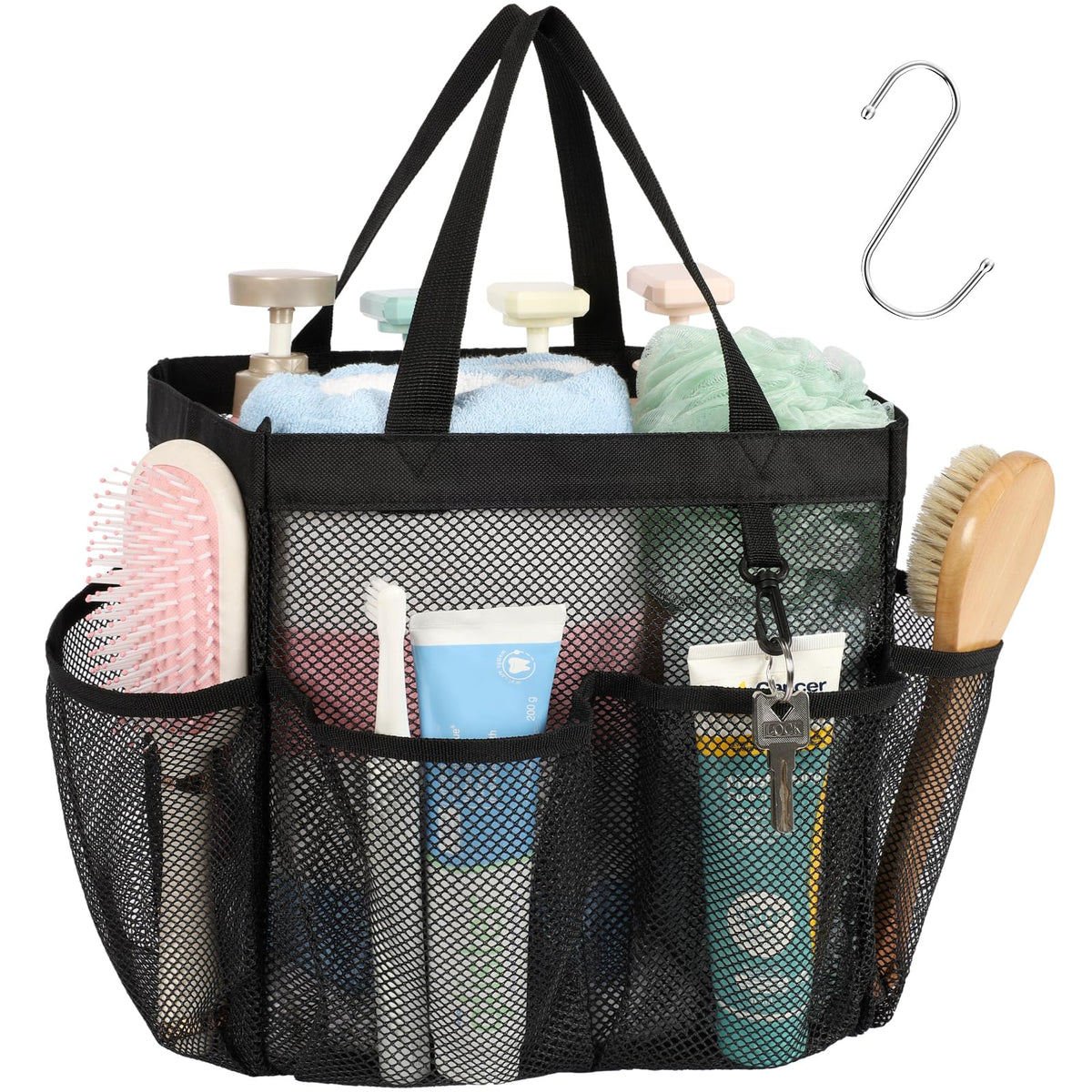 Mesh Shower Caddy Portable - 8 Pockets, S-Hook, Shower Bag for Dorm Camping