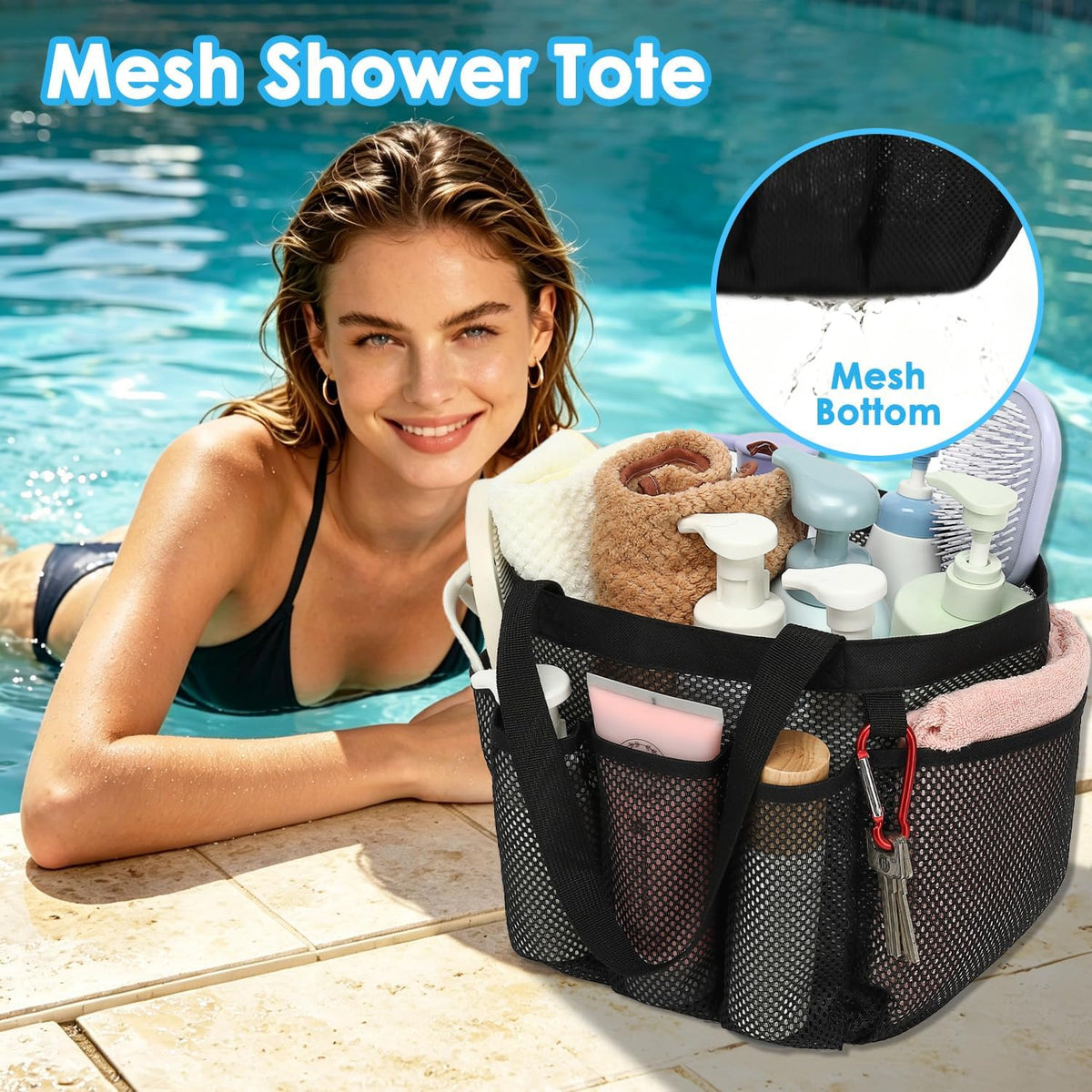 Fammart Mesh Shower Caddy Portable for College Dorm Room Essentials, Odorless Polyester Large Shower Tote Bag with Dual Handles, 8-Pocket Quick-Dry Toiletry Organizer for Travel, Beach, Camping, Gym