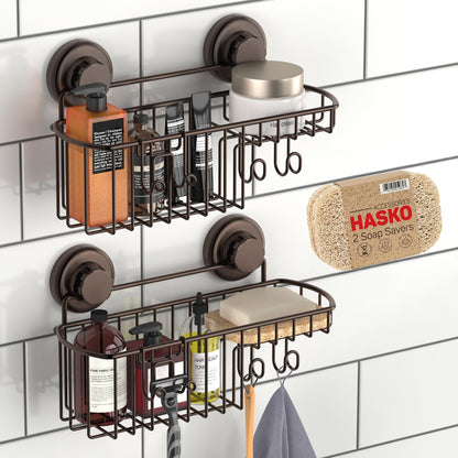 HASKO Suction Cup Shower Caddy Basket for Shampoo, Shower Suction Shelf Organizer, Basket with Soap Holder and Hooks, Stainless Steel Shampoo Holder for Bathroom Storage, Chrome