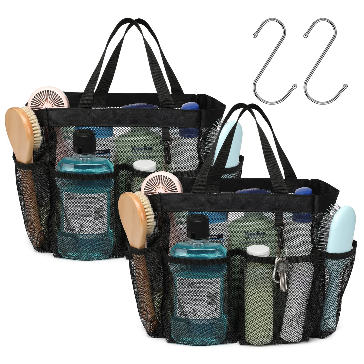 Mesh Shower Caddy Portable - 8 Pockets, S-Hook, Shower Bag for Dorm Camping