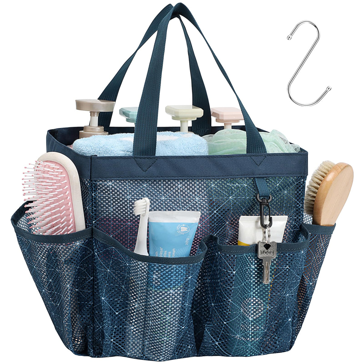 Mesh Shower Caddy Portable - 8 Pockets, S-Hook, Shower Bag for Dorm Camping