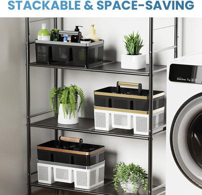 BYUNER Plastic Shower Caddy Dorm: Portable Cleaning & Shower Caddy with Handle, 4 Divided Compartments, All-Side Drainage, Rigid Plastic Basket Tote for College Dorm & Bathroom Use, Black/Silver