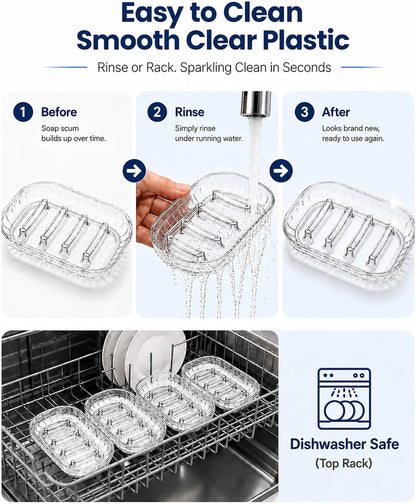 OTHIX 3 Pack Clear Plastic Soap Dish for Bar Soap, Bar Soap Holder Tray with Raised Ridges for Shower | Bathroom | Kitchen Sink |Dry Fast| Easy to Clean (Clear)
