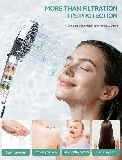 Magichome Filtered Shower Head with Handheld, 10-Mode Adjustable Detachable Chrome Showerhead w/Stainless Hose, Water Softener Filter Beads for Hard Water - Remove Chlorine, Reduce Dry Itchy Skin