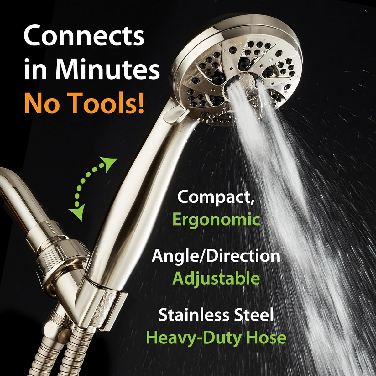AquaDance High Pressure 6-Setting Full Brushed Nickel Handheld Shower Head with Stainless Steel Hose. Officially Independently Tested to Meet Strict US Quality & Performance Standards!