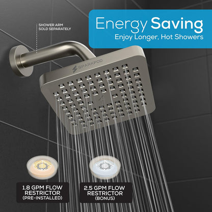 SparkPod Rain Shower Head, 8 Inch Square, Elegant Brushed Nickel Finish