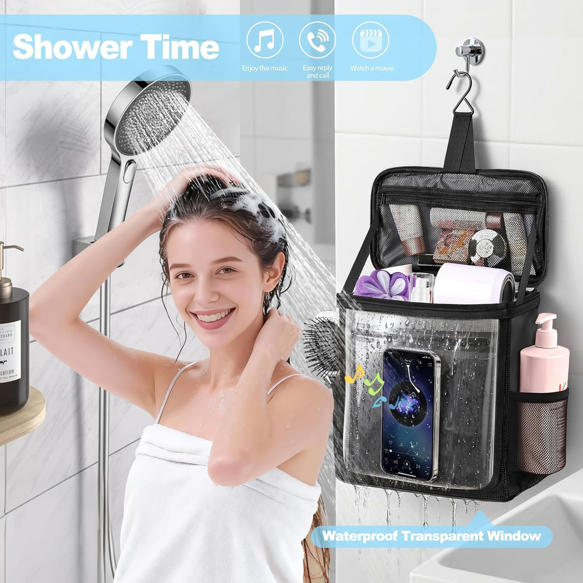 Hanging Shower Caddy Portable, Travel Toiletry Bag for Men & Women, Large Capacity with Hook,Dorm Room Essentials With Waterproof Phone Compartment, for Bathroom, Picnic, Gym, Travel(Black)