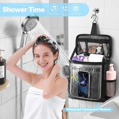 Hanging Shower Caddy Portable, Travel Toiletry Bag for Men & Women, Large Capacity with Hook,Dorm Room Essentials With Waterproof Phone Compartment, for Bathroom, Picnic, Gym, Travel(Black)