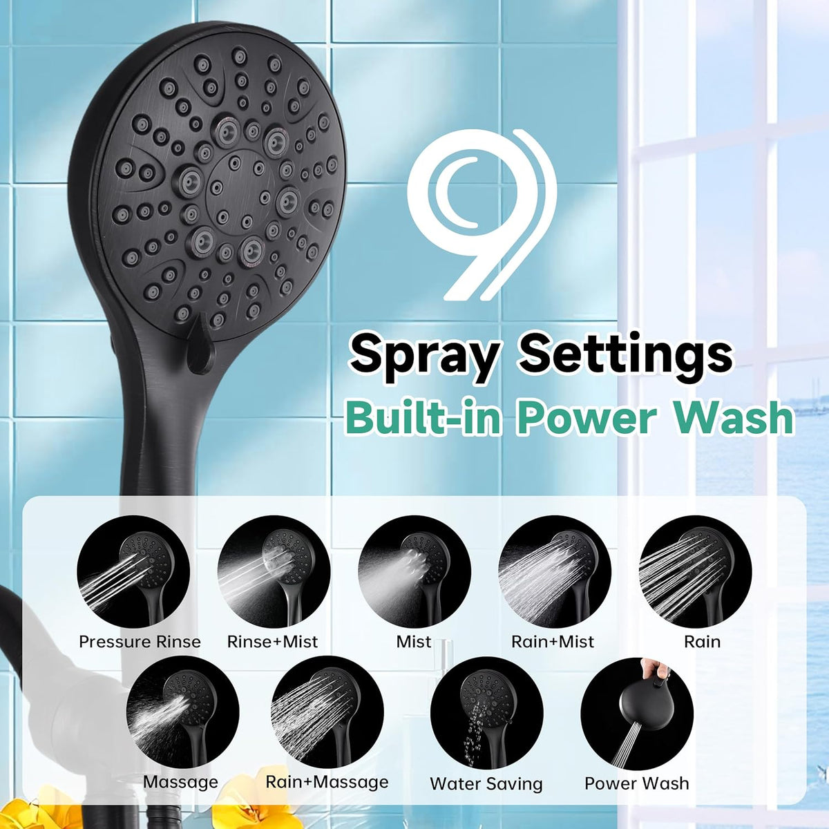 BRIGHT SHOWERS High Pressure Shower Head with Handheld, 9 Spray Settings Showerhead Built in Power Wash to Clean Tub and Pets, Extra Long 69" Hose, Adjustable Bracket, Oil-Rubbed Bronze