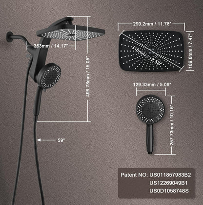 Rain Shower Head with Handheld Showerhead, Black 1.8GPM 460311