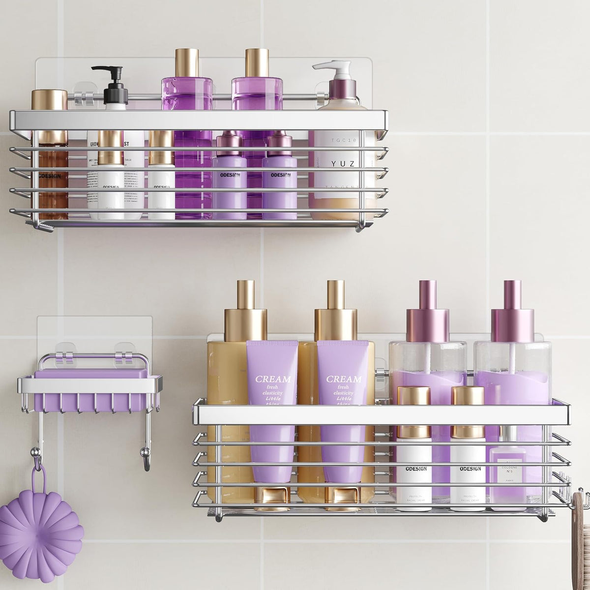 ODesign Shower Caddy Adhesive Stainless Steel Storage Organizers (Silver, 3 Pack)