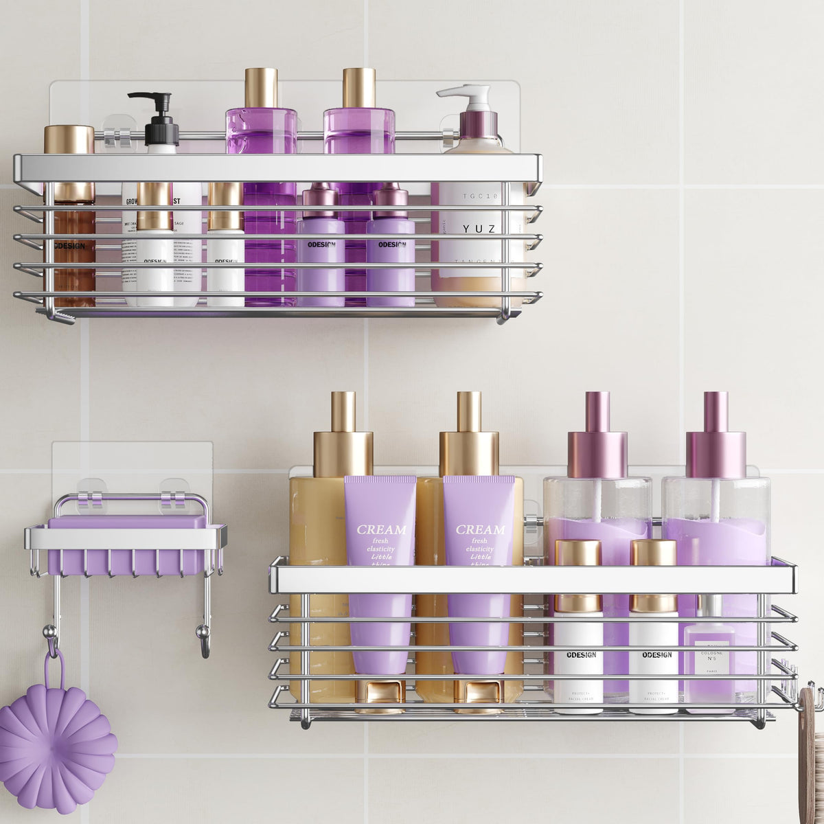 ODesign Shower Caddy Adhesive Stainless Steel Storage Organizers (Silver, 3 Pack)