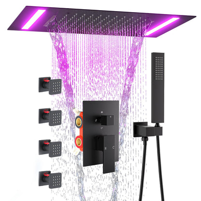 ENGA Dual Rain Shower Head System, 2 In 1 Functions Ceiling Mount 14x20inch LED Shower Head with 6 Inch Shower Head, Rainfall Waterfall Shower Faucet Set, Matte Black