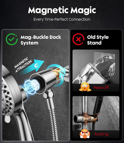 Handheld Shower Head High Pressure – Magnetic Holder,10 Spray Modes with Power Wash for Pets&Tile&Toilet, Filtered for Softer Skin & Shinier Hair, 1.8GPM, Stainless Steel Hose