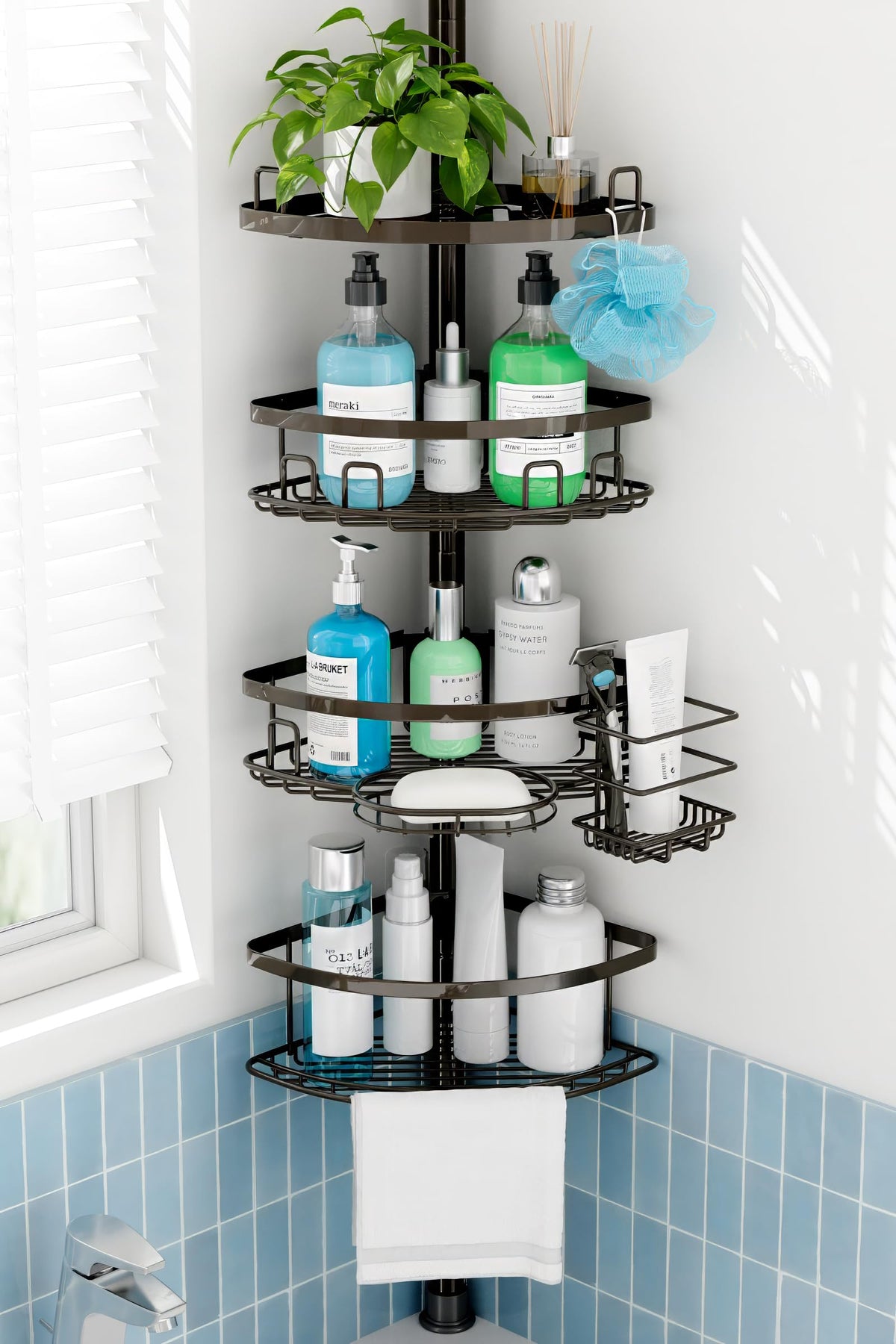 Corner Shower Caddy Tension Pole, 4 Tier Rustproof Shower Tension Rod Organizer, Adjustable 25-125 Inch Bathroom Shower Organizer Shelves for Bathtub Shampoo Storage, Black