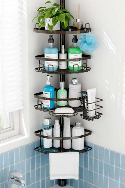 Corner Shower Caddy Tension Pole, 4 Tier Rustproof Shower Tension Rod Organizer, Adjustable 25-125 Inch Bathroom Shower Organizer Shelves for Bathtub Shampoo Storage, Black