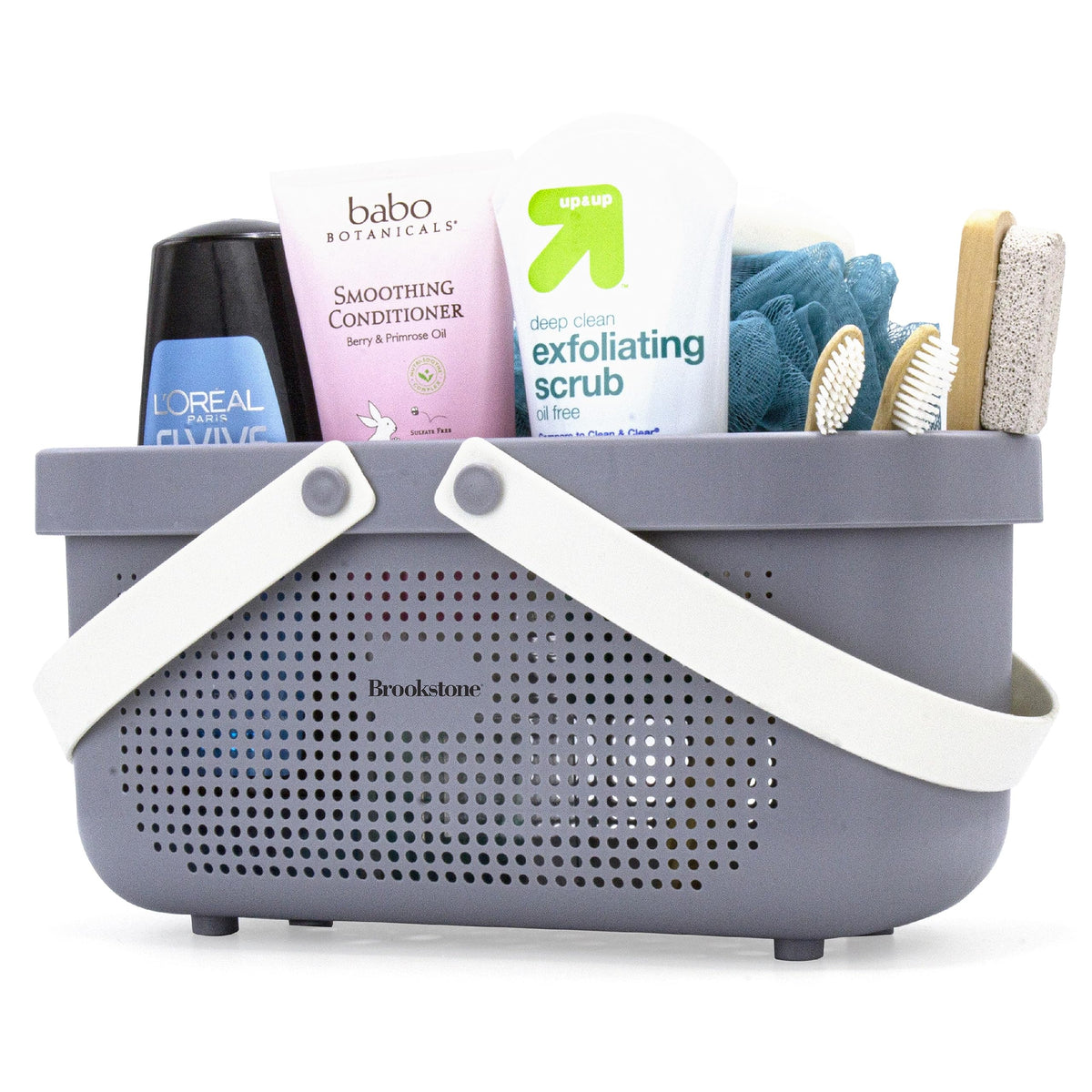 Brookstone Modern Large Portable Shower Caddy with Soft Silicone Carrying Handle, Bathroom Organizer Basket, Plastic Bath Tote and Shower Organizer, Quick Dry Drainage Holes, BPA Free, Blush