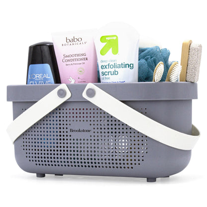 Brookstone Modern Large Portable Shower Caddy with Soft Silicone Carrying Handle, Bathroom Organizer Basket, Plastic Bath Tote and Shower Organizer, Quick Dry Drainage Holes, BPA Free, Blush