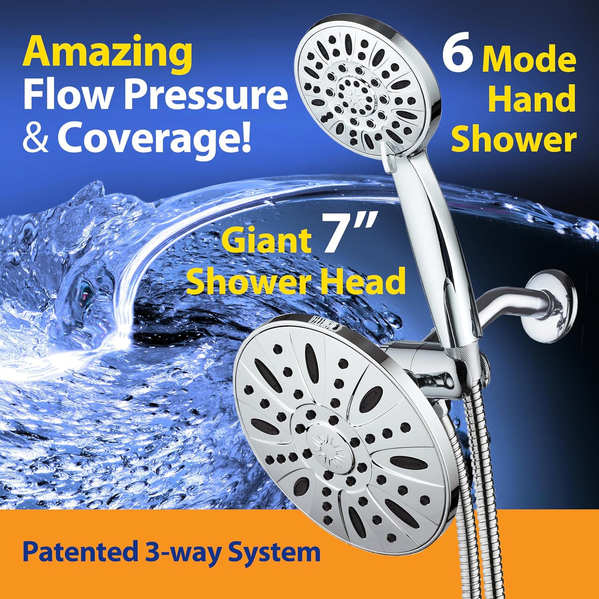 AquaDance 7" Premium High Pressure 3-Way Rainfall Combo Combines The Best of Both Worlds-Enjoy Luxurious Rain Showerhead and 6-Setting Hand Held Shower Separately or Together, Chrome